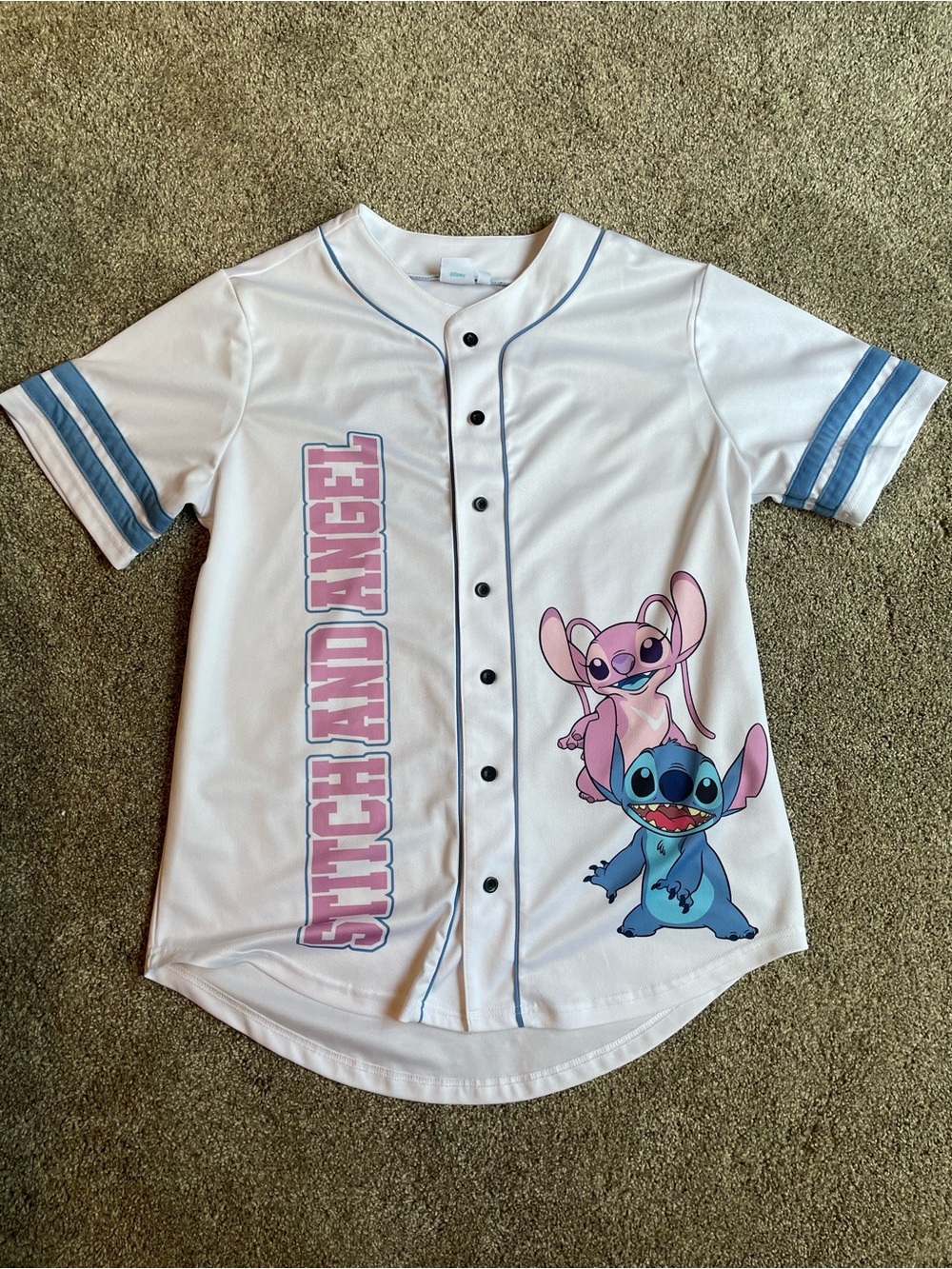 Disney White Baseball Jersey with Pink & Blue Stitch and Angel Graphic